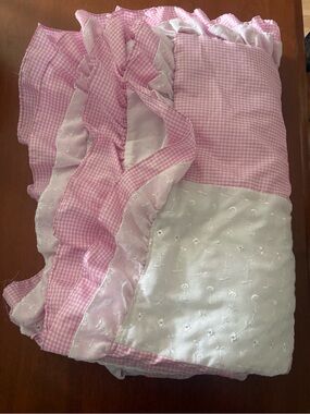 Pink Gingham Ruffle Kids Quilt with White Embroidered Panel